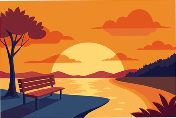 Sunset landscape with bench and water view on transparent background