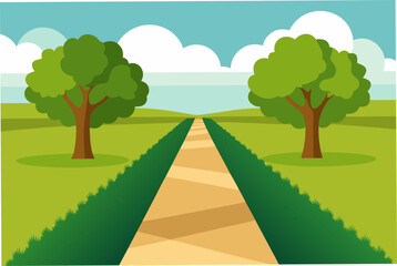 A path between trees with clouds above it on transparent background