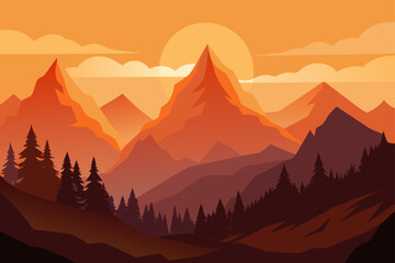 Scenic mountain range with sunset backdrop on transparent background