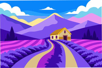 House in lavender field with mountains view on transparent background
