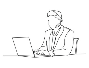 Continuous one line art of professional support agent working at desk with computer and headset. Man Working as Customer Support.