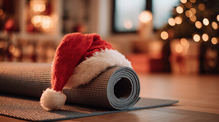 Close-up of rolled yoga mat with Santa Claus hat placed on top, cozy home decorated for Christmas