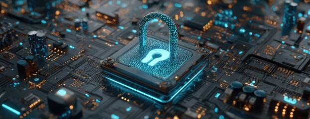 Futuristic circuit board with a glowing padlock