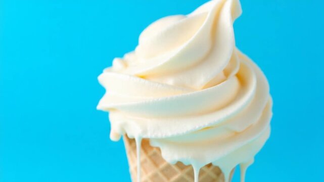 Delicious Vanilla Ice Cream Cone on a Bright Blue Background.
