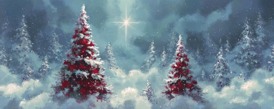 Winter wonderland with snow-covered red Christmas trees