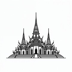 Obraz premium Minimalist line art illustration. Temple silhouette in black outline. Architectural design on white background. Spiritual concept for travel branding. Symbolic visual for meditation and reflection.