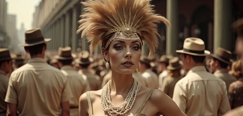 Glamorous woman wears ornate feathered headdress and pearl necklace amidst a crowd dressed in vintage attire. Flapper style inspires retro fashion, carnival celebration, jazz age party.