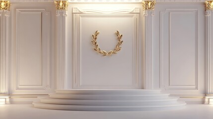 Podium with golden wreath decoration, for product display in a white stage scene