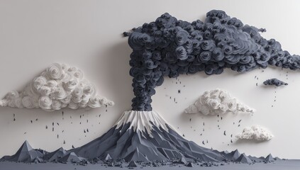 3D papercraft volcano erupting with clouds