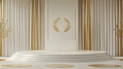 Empty white and gold stage platform with curtains and golden wreath for presentation