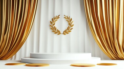 Golden laurel wreath on white podium with gold curtains, for awards and announcements