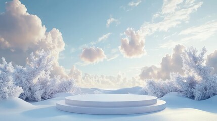 Winter wonderland snowy scene with white platform, perfect for product display
