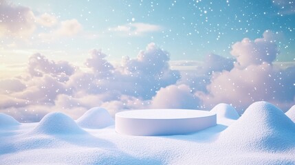 Snowy platform in a winter scene with clouds. For product or presentation background