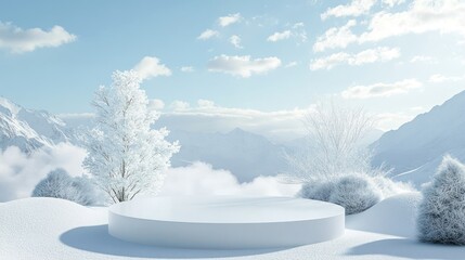 Snow scene with platform for product placement, mountains, clouds, and winter trees