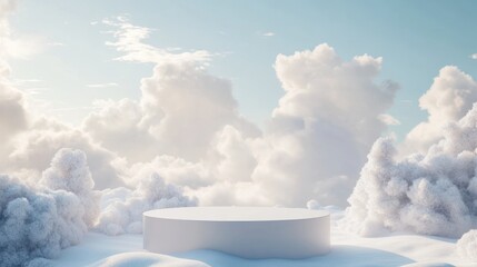 White pedestal stage on snowy ground with white trees and clouds. Product display