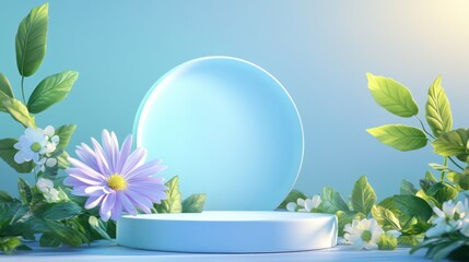 Product display on a platform, surrounded by flowers and leaves, for spring promotion