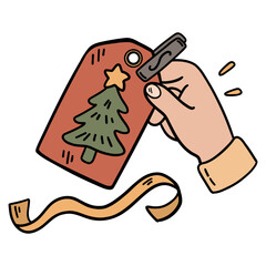 Hand-drawn doodle illustration of a cute hand holding a Christmas gift tag with a small tree drawn on it. Festive gift-wrapping elements, cozy holiday vibe, perfect for cards and packaging design.
