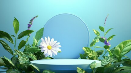 Pedestal with floral decor on a light blue background used for product placement
