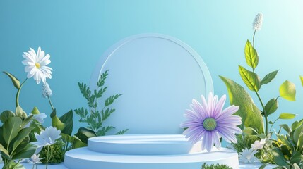 Pastel floral display podium; spring background; product presentation