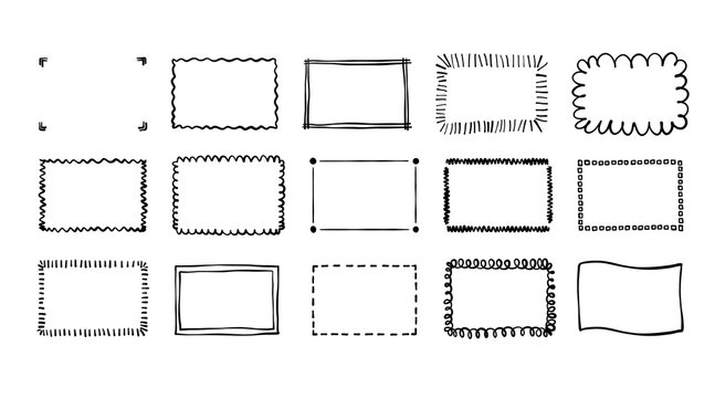 Doodle hand drawn rectangle frames set. Scribble pencil square and rectangular empty text boxes. Simple line border design elements for notes, highlights, or decoration. Vector illustration.