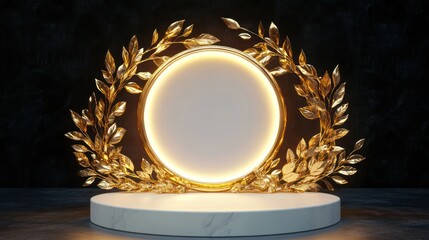 Gold leaves frame lit podium on stone floor, studio shot, ideal for product ads