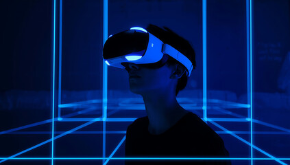 Person wearing a virtual reality headset immersed in a glowing blue digital grid environment VR headset