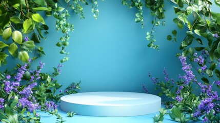 Blue podium with plants for product showcase, ideal for natural products