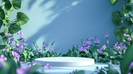 Empty white podium with plants and flowers under natural light, for presentation