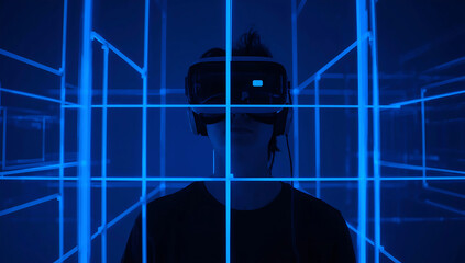 Person Wearing VR Headset Surrounded by a Glowing Blue Geometric Grid Structure in a Dark Environment