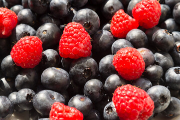 Background of blueberries and raspberries on a plate