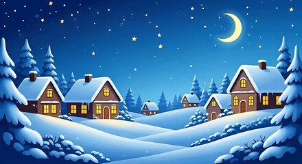 Naklejka premium Cozy Winter Village Scene with Snow-Covered Houses, Evergreen Trees, Moon, and Stars under a Deep Blue Night Sky.