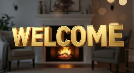 Golden Welcome Greeting in Elegant Living Room Interior with Fireplace and Comfortable Armchairs Illustration.