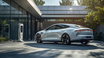 white electric car charging at solar-powered smart home with modern architecture and greenery