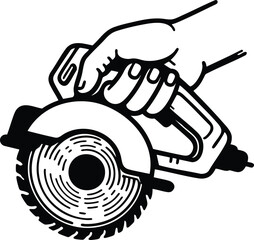 Electric circular saw machine on hand silhouette vector illustration isolated on a white background