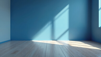 Empty room features vibrant blue wall, light wood floor. Natural sunlight streams window, casting beautiful geometric shadow patterns. Modern interior space for home decor, apartment staging,