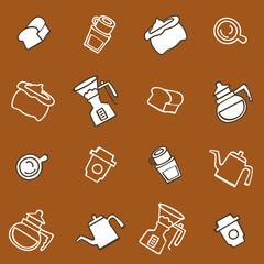Cute seamless pattern of coffee makers, mugs, and cafe treats in warm tones. Perfect for wallpapers, packaging, or cafe branding design.