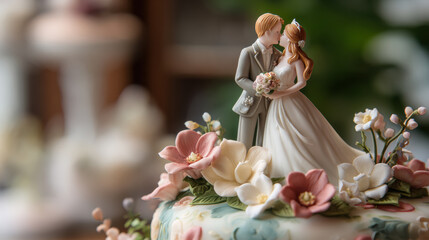 Detailed wedding cake toppers with bride and groom figurines, adding charm and elegance to wedding cake