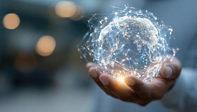 A hand holds a holographic globe