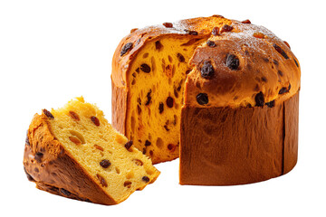 Golden Panettone Cake with Raisins and Powdered Sugar isolated on a transparent background sweet pastry