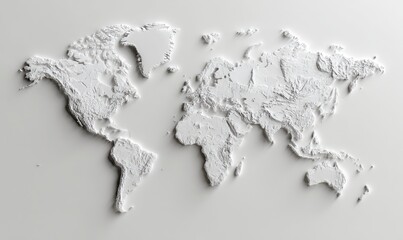 3D world map, light gray relief