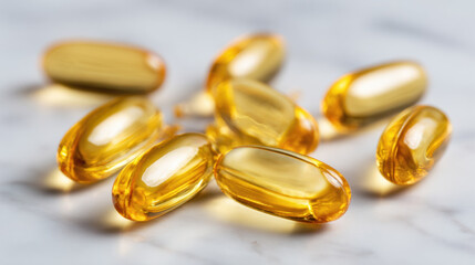 Golden softgel omega-3 capsules scattered on clean white surface, health theme
