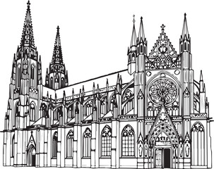 Fototapeta premium Detailed Line Art Illustration of a Grand Gothic Cathedral