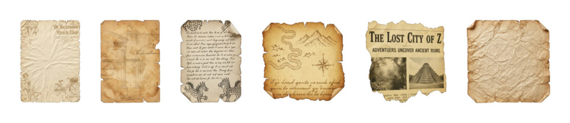 Vintage paper set including old maps, documents, newspaper articles, and blank textures isolated. Historical and adventure design elements.