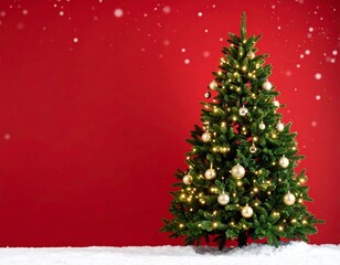 Obraz premium クリスマスツリー クリスマスのイルミネーション モミの木 冬 雪 赤背景