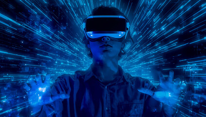 Person wearing VR headset with hands glowing, surrounded by streaks of blue digital light virtual reality