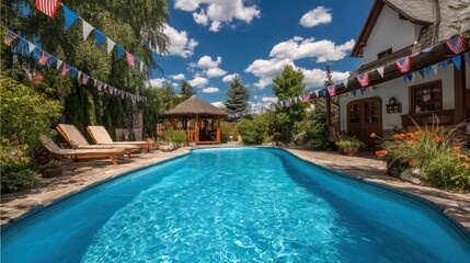 Fototapeta premium A sun-drenched backyard boasts a sparkling pool, surrounded by lush landscaping and a charming gazebo.