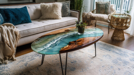 Multi-color epoxy river coffee table with resin waves, modern elegant living room setting