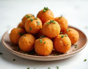 Sweet potato balls served on plate. Fried snacks with parsley garnish are tasty. Orange cooked veggie dessert dish looks appetizing. Homemade potato balls meal for balanced diet.