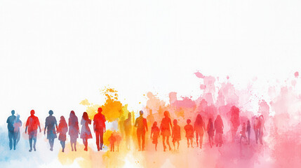 Silhouettes of diverse people in vibrant watercolor style, showcasing unity and community spirit with colorful splashes of paint