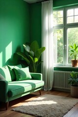 Serene Living Room with Lush Greenery and Natural Light Streaming Through Sheer Curtains Perfect for Home Decor Inspiration